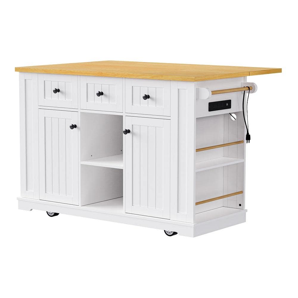 White Wood 53.14 in. Kitchen Island with Drop Leaf, Power Outlet, 5-Open Si