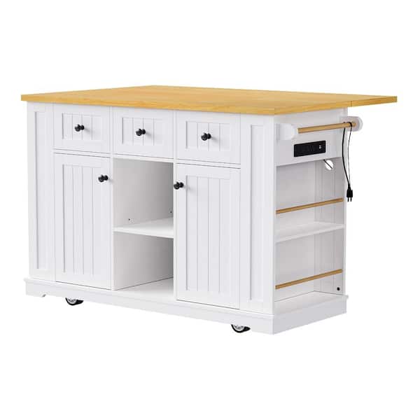 Unbranded White Wood 53.14 in. Kitchen Island with Drop Leaf, Power Outlet, 5-Open Side Racks and 3-Drawers