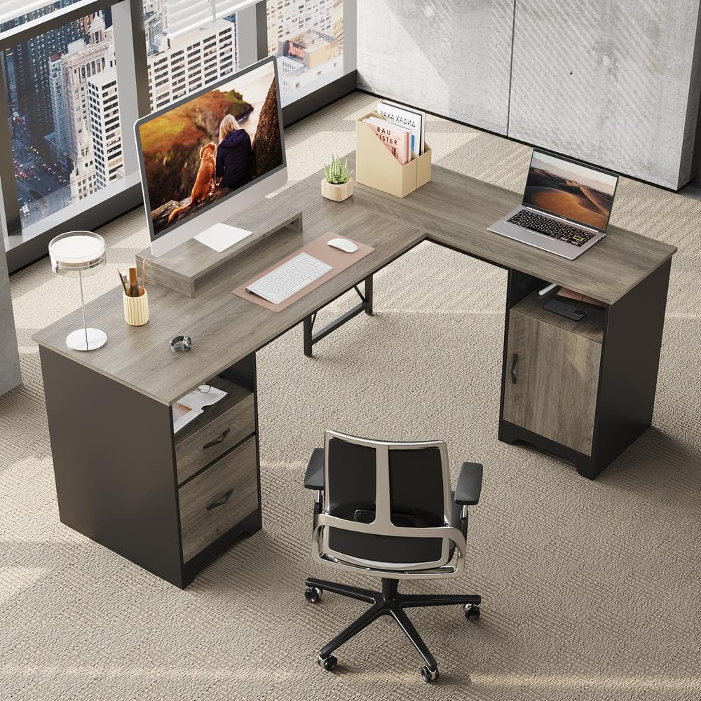Gray L-Shaped Wood Gaming Desk with Drawers and Keyboard Tray
