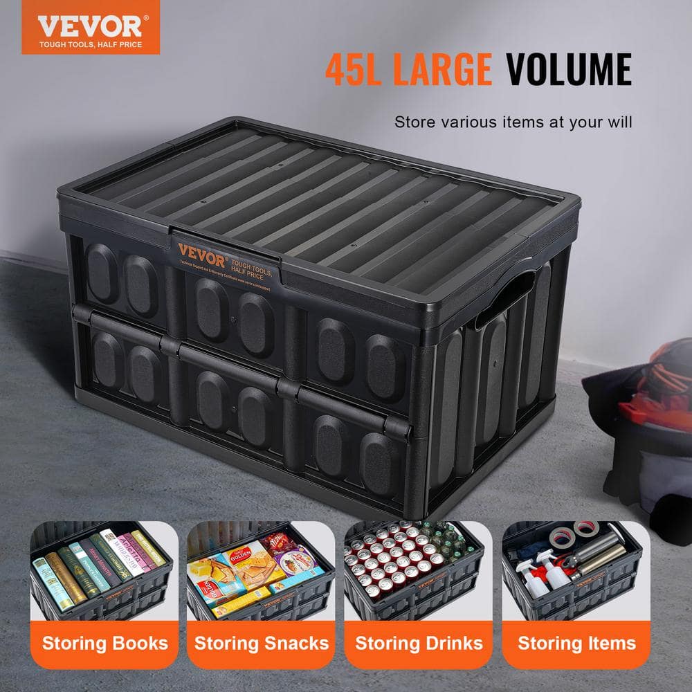 VEVOR 45L Black Collapsible Stackable Plastic Storage Crates