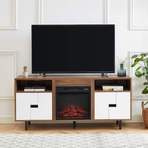 60 in. Freestanding Wooden Electric Fireplace TV Stand in White & Rustic Oak