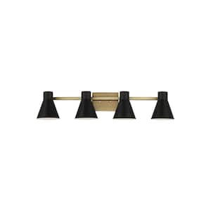 Towner 35 in. 4-Light Satin Brass Modern Contemporary Wall Bathroom Vanity Light with Black Metal Shades and LED Bulbs