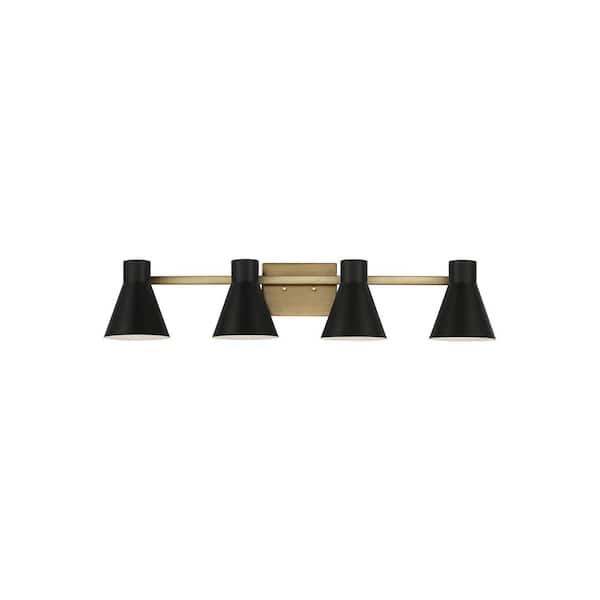 Generation Lighting Towner 35 in. 4-Light Satin Brass Modern Contemporary Wall Bathroom Vanity Light with Black Metal Shades and LED Bulbs