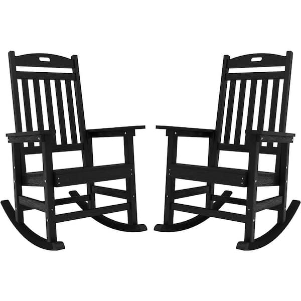 Mximu Black Plastic Patio Outdoor Rocking Chair, Fire Pit Adirondack Rocker Chair with High Backrest(2-Pack)