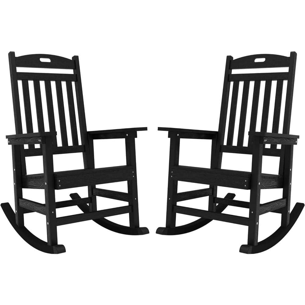 Mximu Black Plastic Patio Outdoor Rocking Chair, Fire Pit Adirondack Rocker Chair with High Backrest(2-Pack)