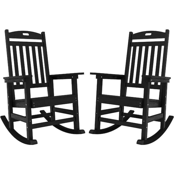 YEFU Black Plastic Patio Outdoor Rocking Chair, Fire Pit Adirondack Rocker Chair with High Backrest(2-Pack)