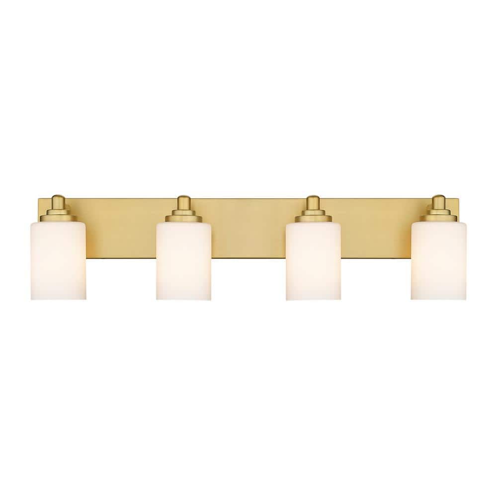 Brushed Gold 4-Light Vanity with White Glass Shades