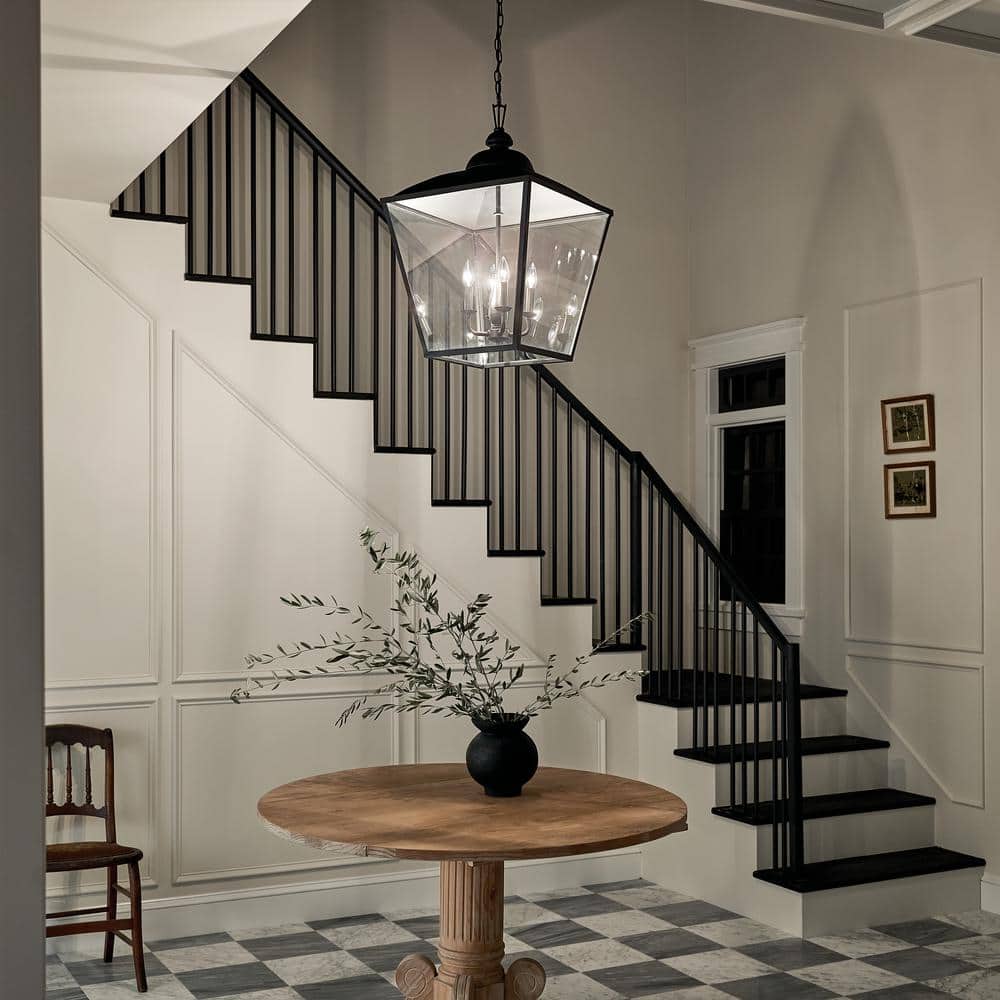 Textured Black 4-Light Lantern Pendant with Glass Panels