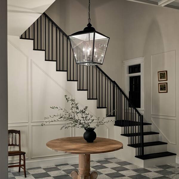 Kichler Dame 4-Light Textured Black Farmhouse Clear Glass Lantern Large Hanging Pendant Light