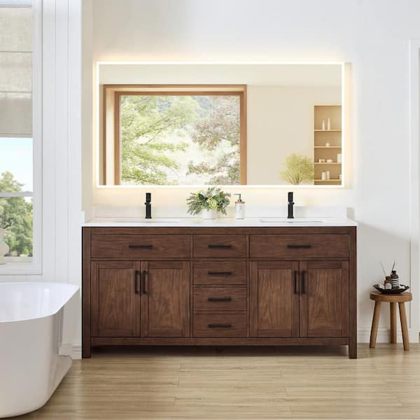 Beckett 72 in. Double Freestanding Dark Walnut Bath Vanity with White Cultured Marble Top