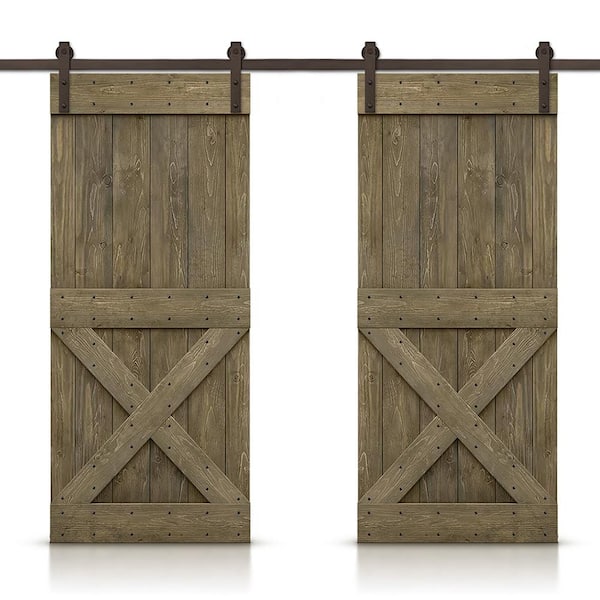 CALHOME Mini X 40 in. x 84 in. Aged Barrel Stained DIY Solid Pine Wood Interior Double Sliding Barn Door with Hardware Kit
