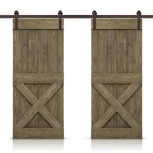 Mini X 52 in. x 84 in. Aged Barrel Stained DIY Solid Pine Wood Interior Double Sliding Barn Door with Hardware Kit