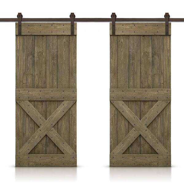 CALHOME Mini X 68 in. x 84 in. Aged Barrel Stained DIY Solid Pine Wood Interior Double Sliding Barn Door with Hardware Kit