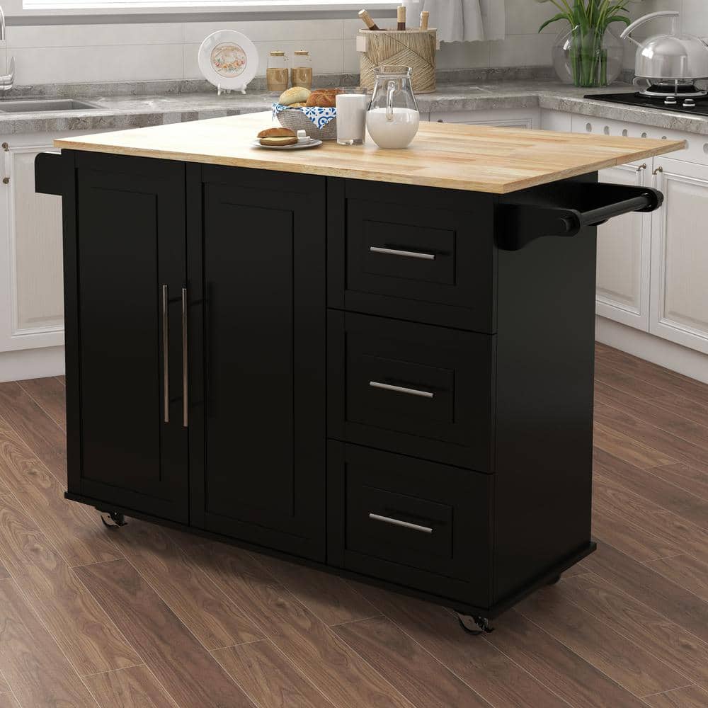 tunuo Black Kitchen Island with Spice Rack, Towel Rack and Extensible ...