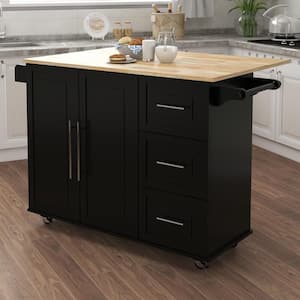 Black Kitchen Island with Spice Rack, Towel Rack and Extensible Solid Wood Table Top