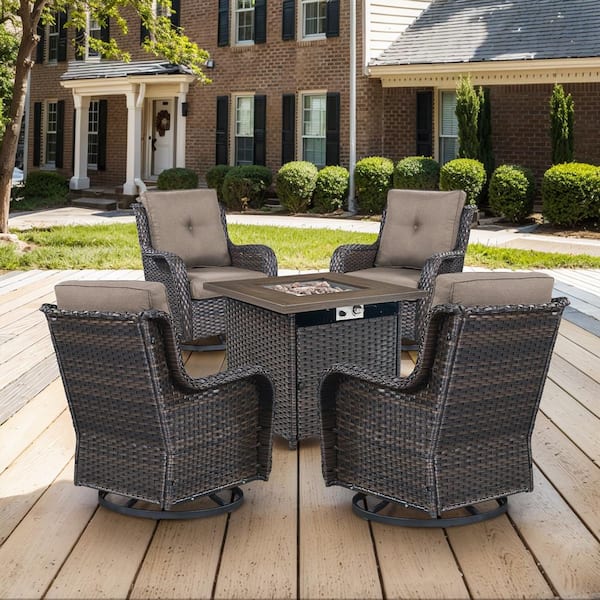 Brown 5-Piece Wicker Patio Fire Pit Set, Outdoor 4-Person Seating Set with Olefin Gray Cushions and Swivel Rockers