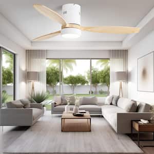 52 in. Indoor/Outdoor Wood White Flush Mount Ceiling Fan with LED Light and 6-Speed Remote Control