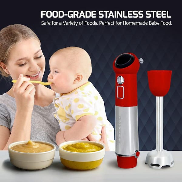 OVENTE Immersion Blender Red Stainless Steel Blades Rechargeable