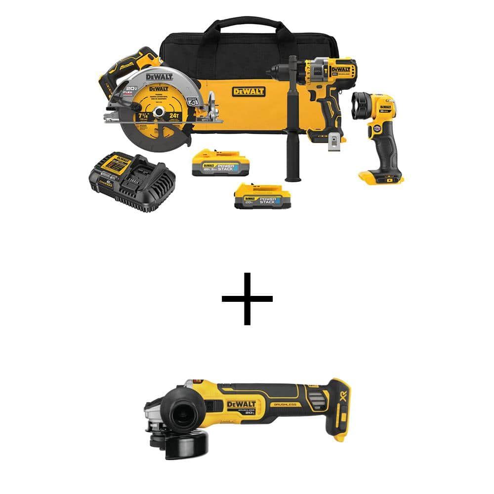 20V MAX Lithium-Ion Cordless 3-Tool Combo Kit and 4.5 in. Small Angle Grinder with 5.0 Ah Battery and 1.7 Ah Battery -  DEWALT, DCK304E1H1W405B