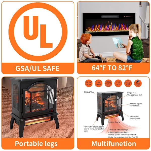 18 in. Freestanding Metal Electric Fireplace Stove 400 sq. ft. with 3D Infrared, Remote Control, Black