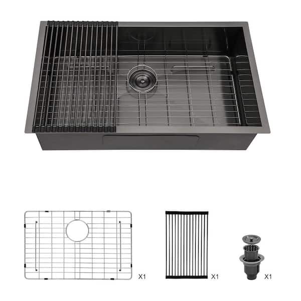 Sarlai 28 in. Undermount Single Bowl 18-Gauge Gunmetal Black Stainless Steel Kitchen Sink Zero Radius Corners with Bottom Grid