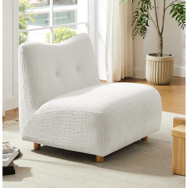 Mellow White Fabric Armless Accent Slipper Chair with Wood Legs