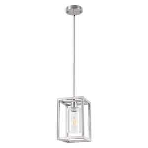 1-Light Brushed Nickel Kitchen Island Pendant Light with Down Rod Hanging Light Fixture with Clear Glass Shade