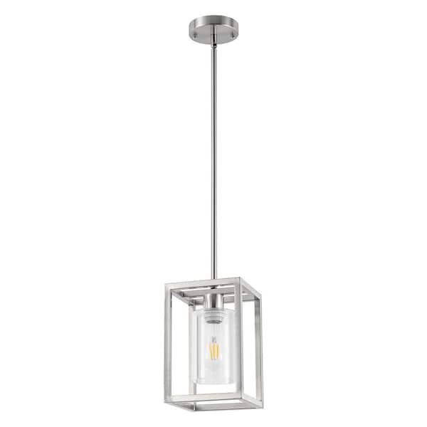 YANSUN 1-Light Brushed Nickel Kitchen Island Pendant Light with Down Rod Hanging Light Fixture with Clear Glass Shade