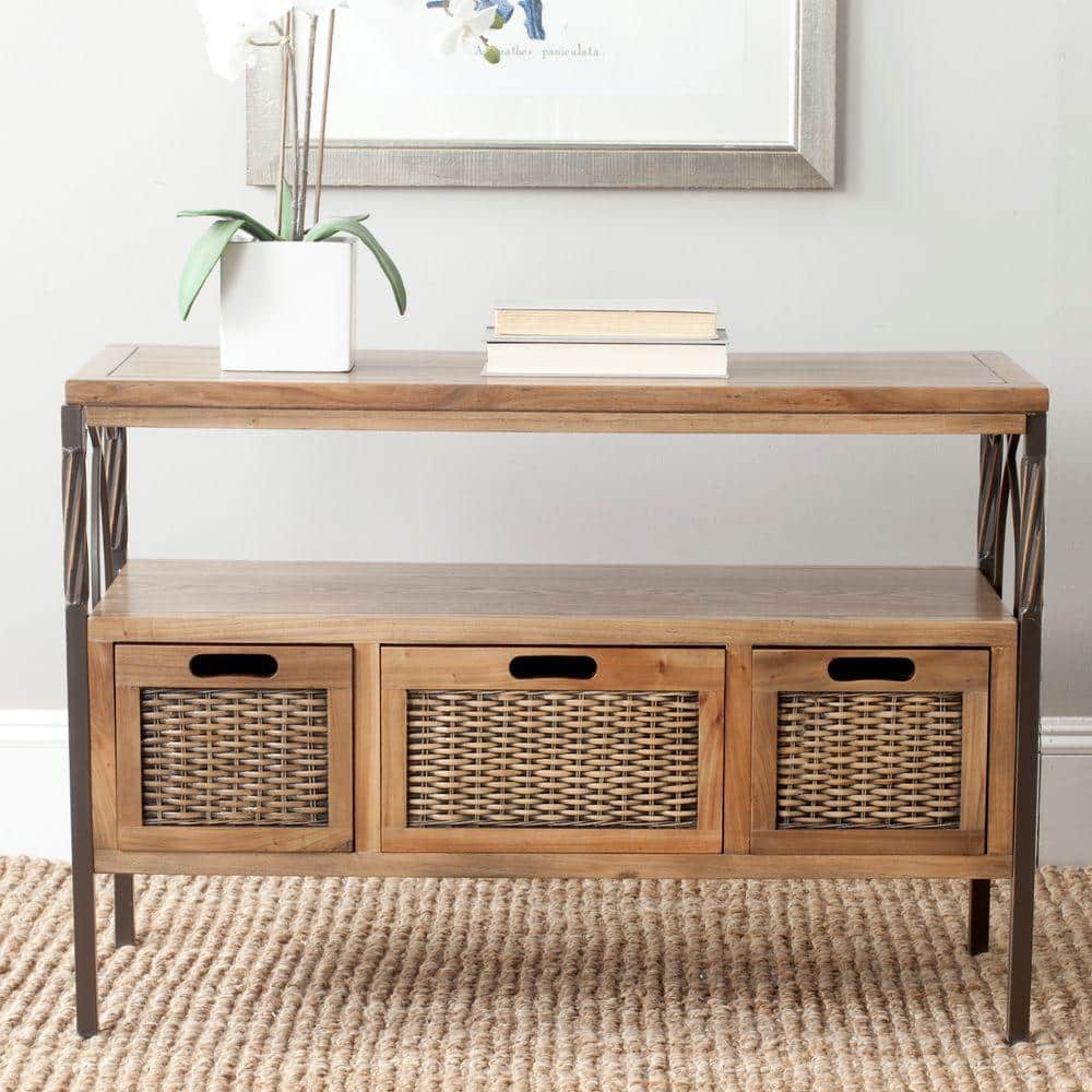 Transitional Joshua Oak 3-Drawer Console Table with Twisted Metal Frame
