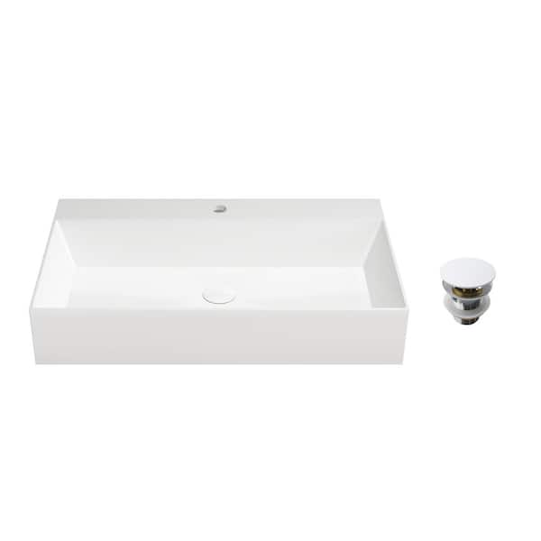 30 in. x 18 in. Matte White Wall-Mount Rectangular Solid Surface Bathroom Sink with Pop-up Drain and Faucet Hole
