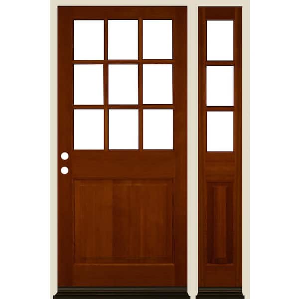 Krosswood Doors 50 in. x 80 in. Farmhouse 9-Lite Clear Glass Right-Hand Red Chestnut Stain Hemlock Wood Prehung Front Door w/ RSL
