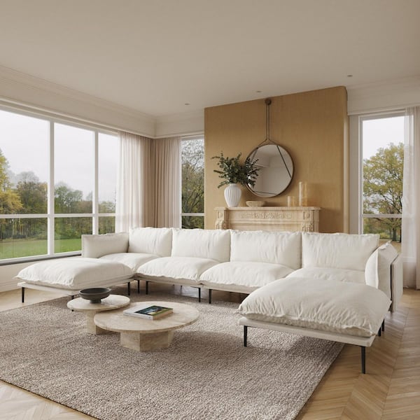 Spacious 147.24 in. Square Arm 6-Piece Cloud Velvet Modular Down Feather Sectional Sofa with Ottoman in Beige