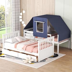 White Plus Blue Twin Over Twin Bunk Bed Wood Bed with Tent and Drawers Tent