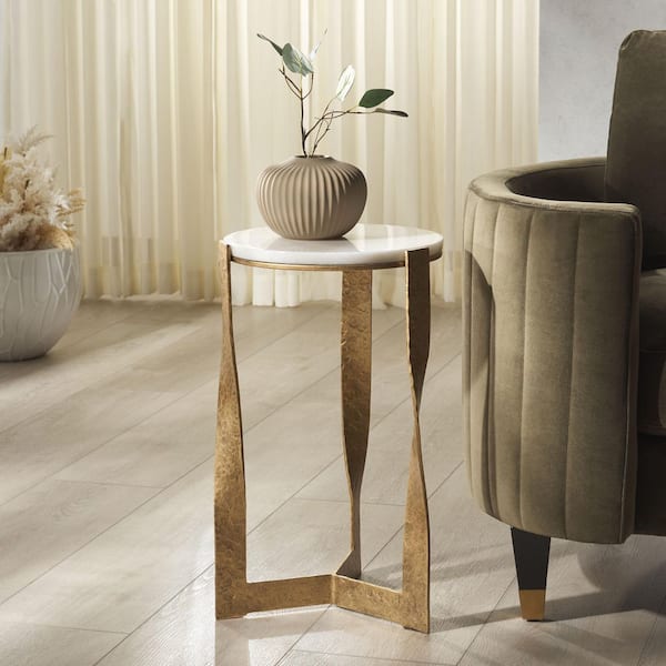 Raynie 12.2 in. Brass/White Round Iron End Table