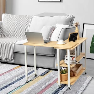 31.5 in. Natural Wood 360° Rotating Sofa Side Table with Storage Shelves and Wheels