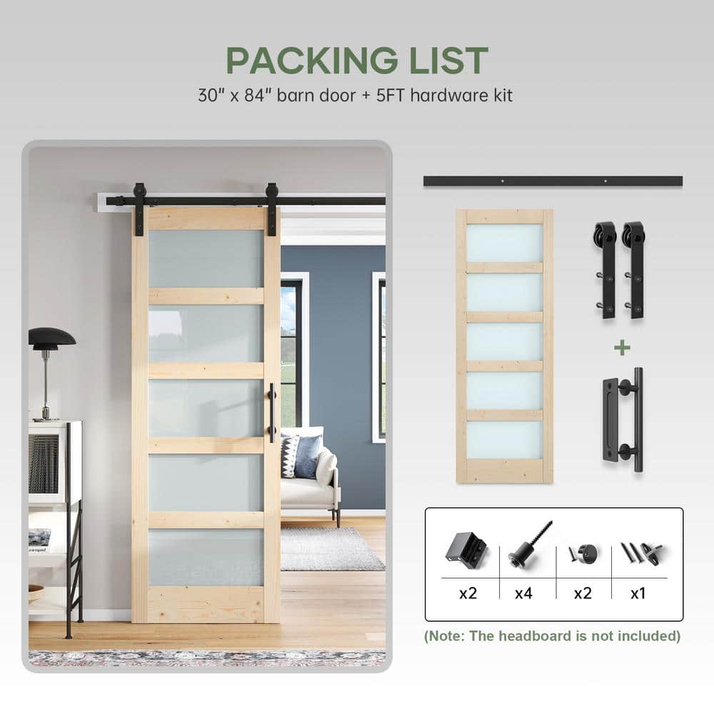30x84 Inch Modern Spruce Wood Barn Door with Frosted Glass