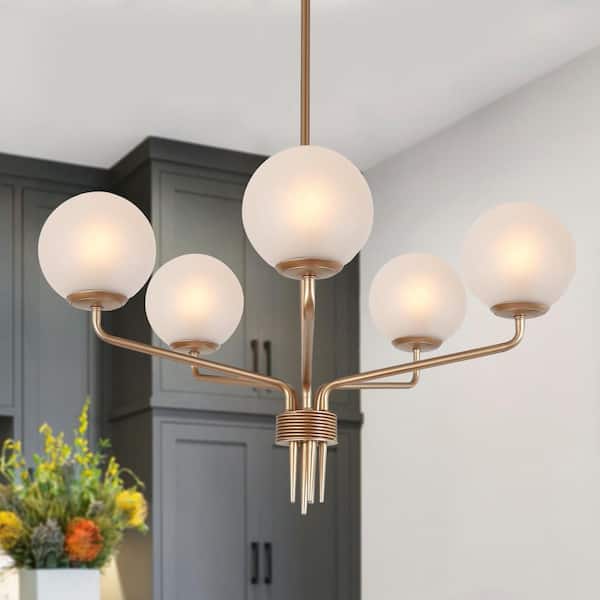 Zevni Combin Modern 5-Light Dark Gold Globe Chandelier Light, 24 in. Hanging Pendant with Frosted Glass Hanging Ceiling Light