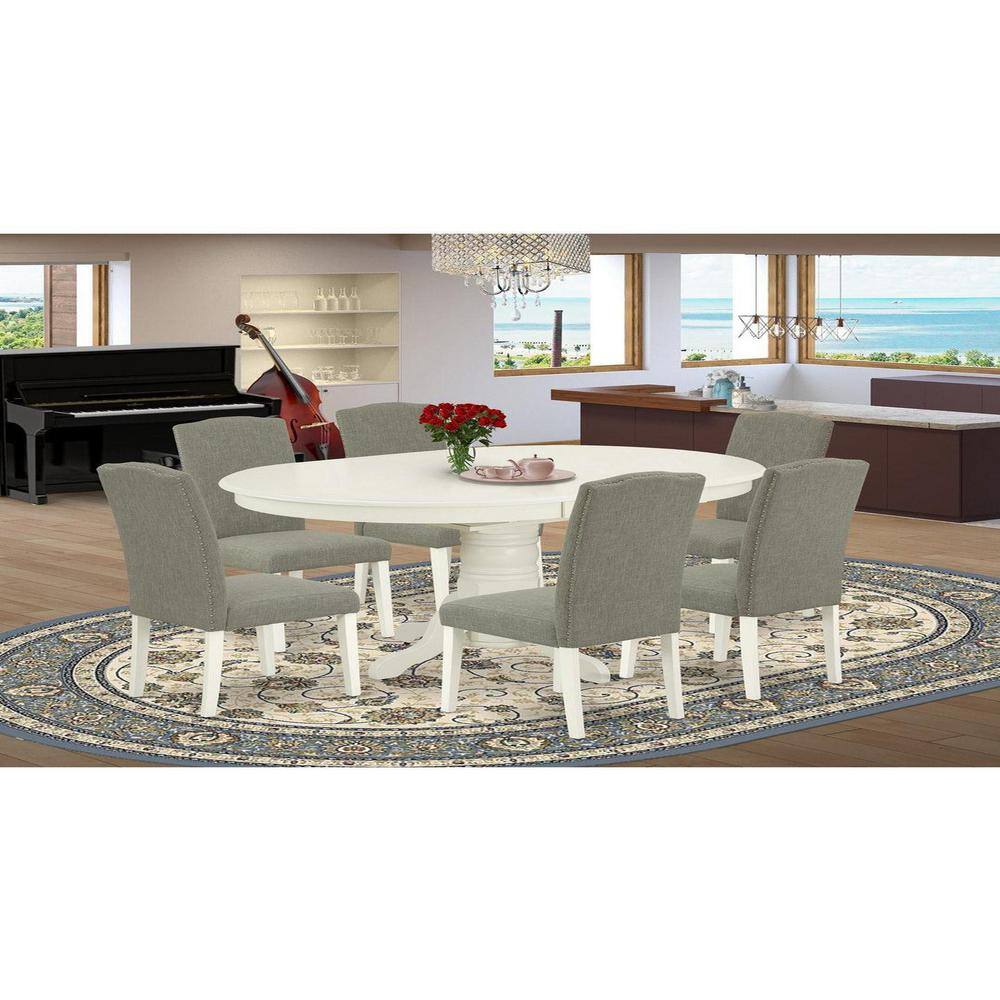 7-Piece Oval Linen White Finish Solid Wood Top Dining Table with 6 Parson-Chairs with Butterfly Leaf Lattice Back