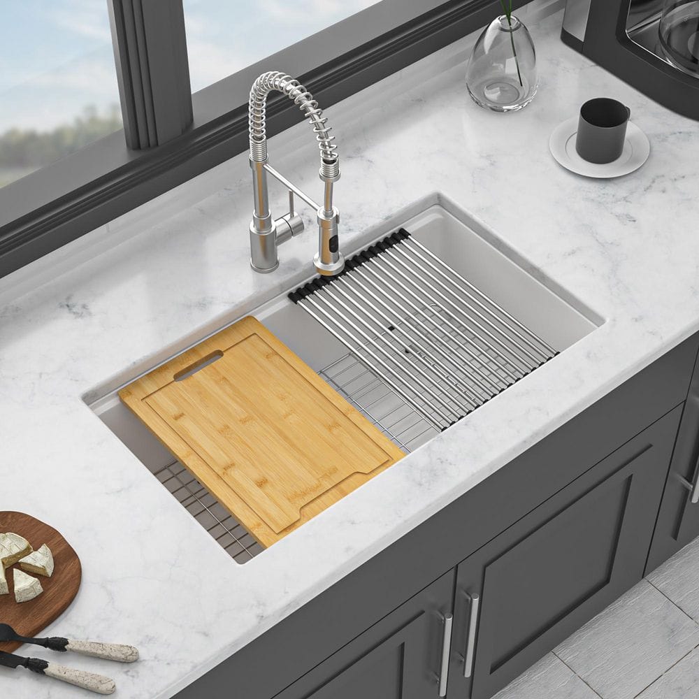 30 in. Undermount Single Bowl White Quartz Kitchen Sink with Workstation