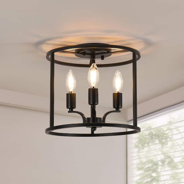 Industrial 11.8 in. 3-Light Black Cage Ceiling Flush-Mount Light Fixture