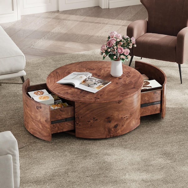 28.4 in. Walnut Round MDF Wood Coffee Table with 2 Drawers and 360° Rotating Top