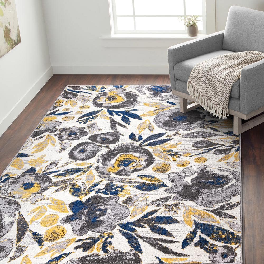 Ivory Floral Bliss 5' x 7' Easy-Care Synthetic Area Rug