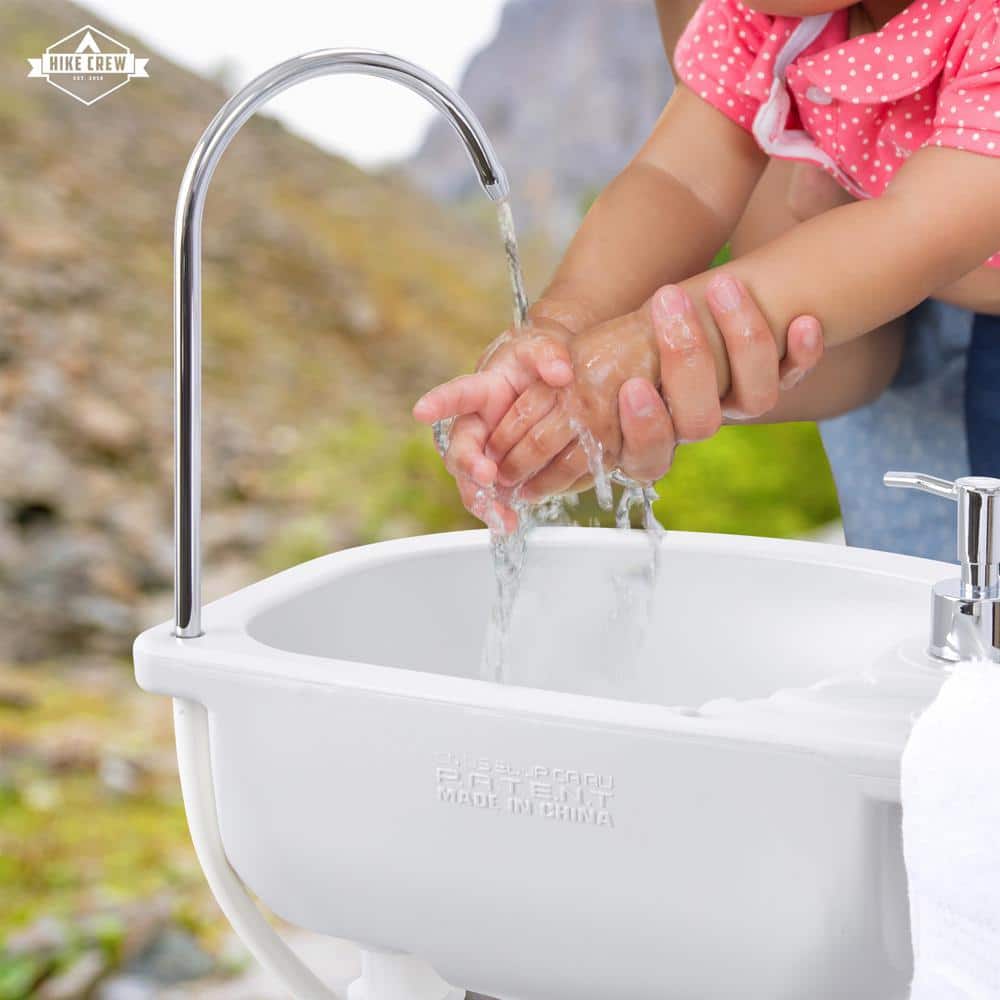 White Portable Camping Sink with Waste Tank and Foot Pump