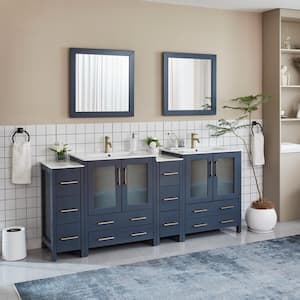 Brescia 84 in. W x 18 in. D x 36 in. H Double Sink Bath Vanity in Blue with White Ceramic Top and Mirror