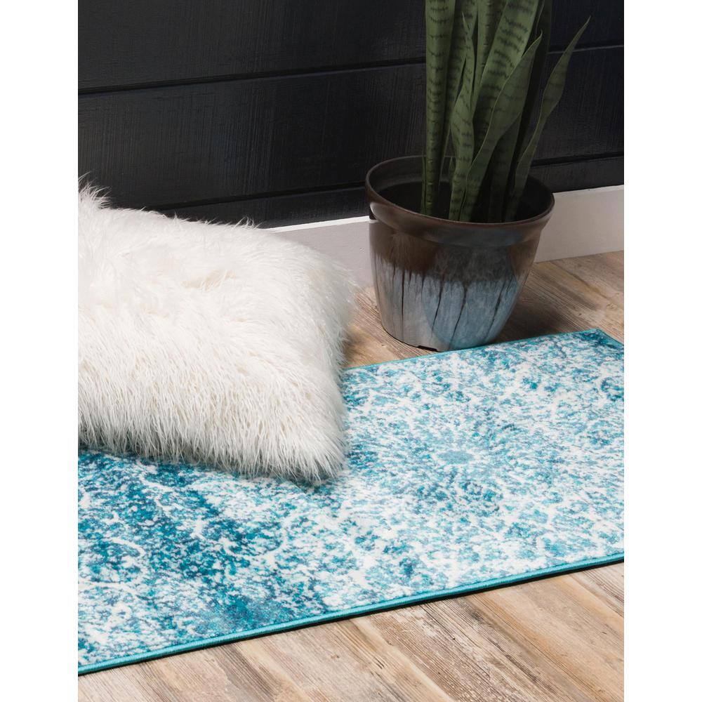 Turquoise and White Synthetic Reversible Runner Rug