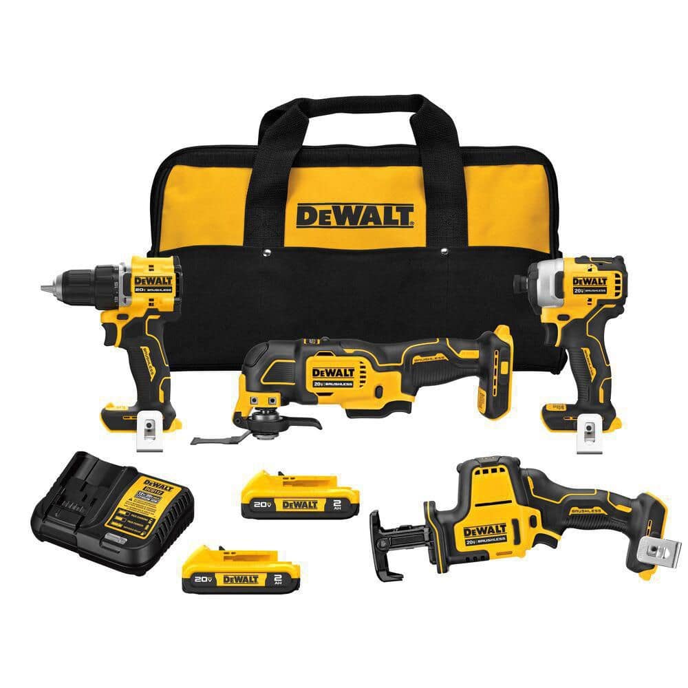 DEWALT ATOMIC 20-Volt Lithium-Ion Cordless Brushless Combo Kit (4-Tool) with (2) 2.0Ah Batteries, Charger and Bag -  DCK486D2