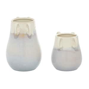 12 in., 8 in. White Ceramic Decorative Vase with Handles (Set of 2)