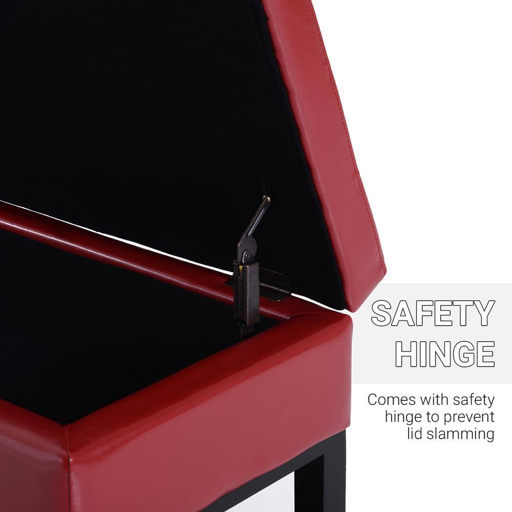Elegant Crimson Red Faux Leather Ottoman Storage Bench with Shoe Rack
