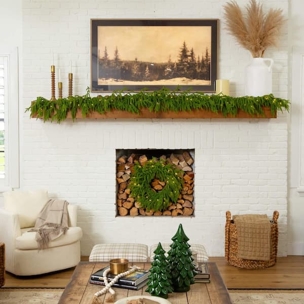 9 ft. Pre-Lit Artificial Real Touch Norfolk Island Pine Garland with 50-Warm White LED Lights and Natural Look