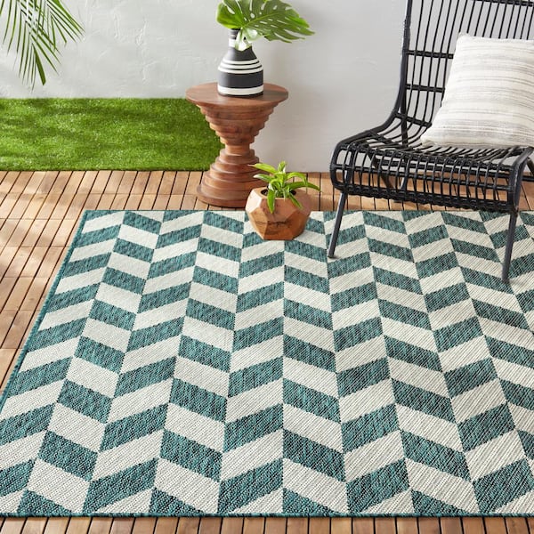 Patio Country Calla Teal/Cream 8 ft. x 10 ft. Herringbone Indoor/Outdoor Area Rug
